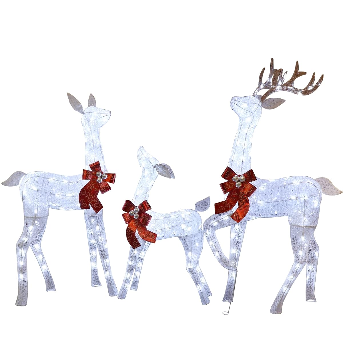 Lulu Home Christmas Yard Decoration, 3-Piece Large Pre-lit White Reindeer with 265 LEDs White Lights, 60" H 3D Light Up Glittered Standing Reindeer Family for Lighted Holiday Display Indoor Outdoor - imagen de detalle 6