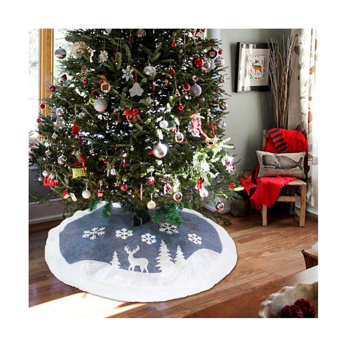Lulu Home 48" Christmas Tree Skirt, Luxury Double Layers Holiday Ornaments, Reindeer and Snowflake Xmas Tree Skirt with Flannel Rim - detail image 4