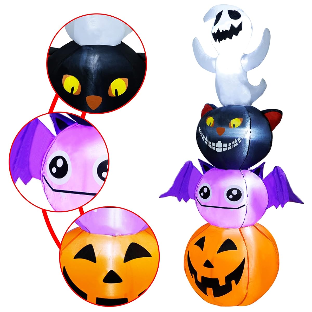 Joliyoou Halloween Blow Up Yard Decoration, 6 FT LED Lighted Inflatable Halloween Stacked Ghost Black Cat Bat Pumpkin, Inflatable Holiday Yard Lawn Garden Decorations for Indoor and Outdoor - imagen de detalle 3