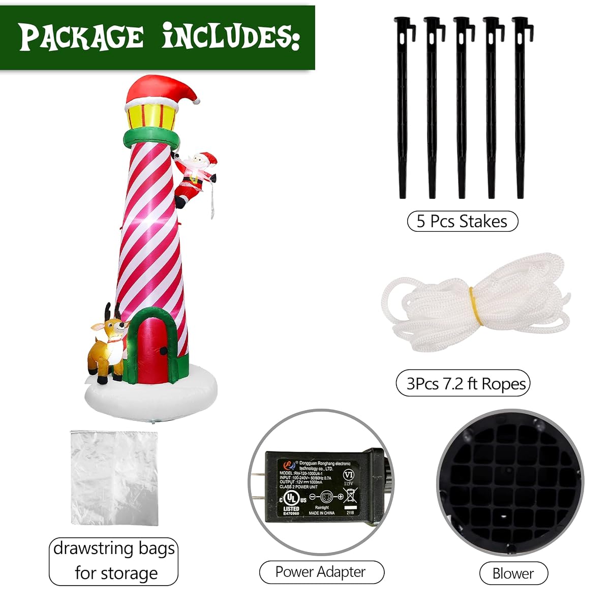 Lulu Home 9.8FT Christmas Inflatable Decorations, Giant Blow Up Lighthouse with Santa and Reindeer, Xmas Lighted Blowups with Drawstring Bags for Winter Yard Lawn Garden Outdoor Decor - imagen de detalle 2
