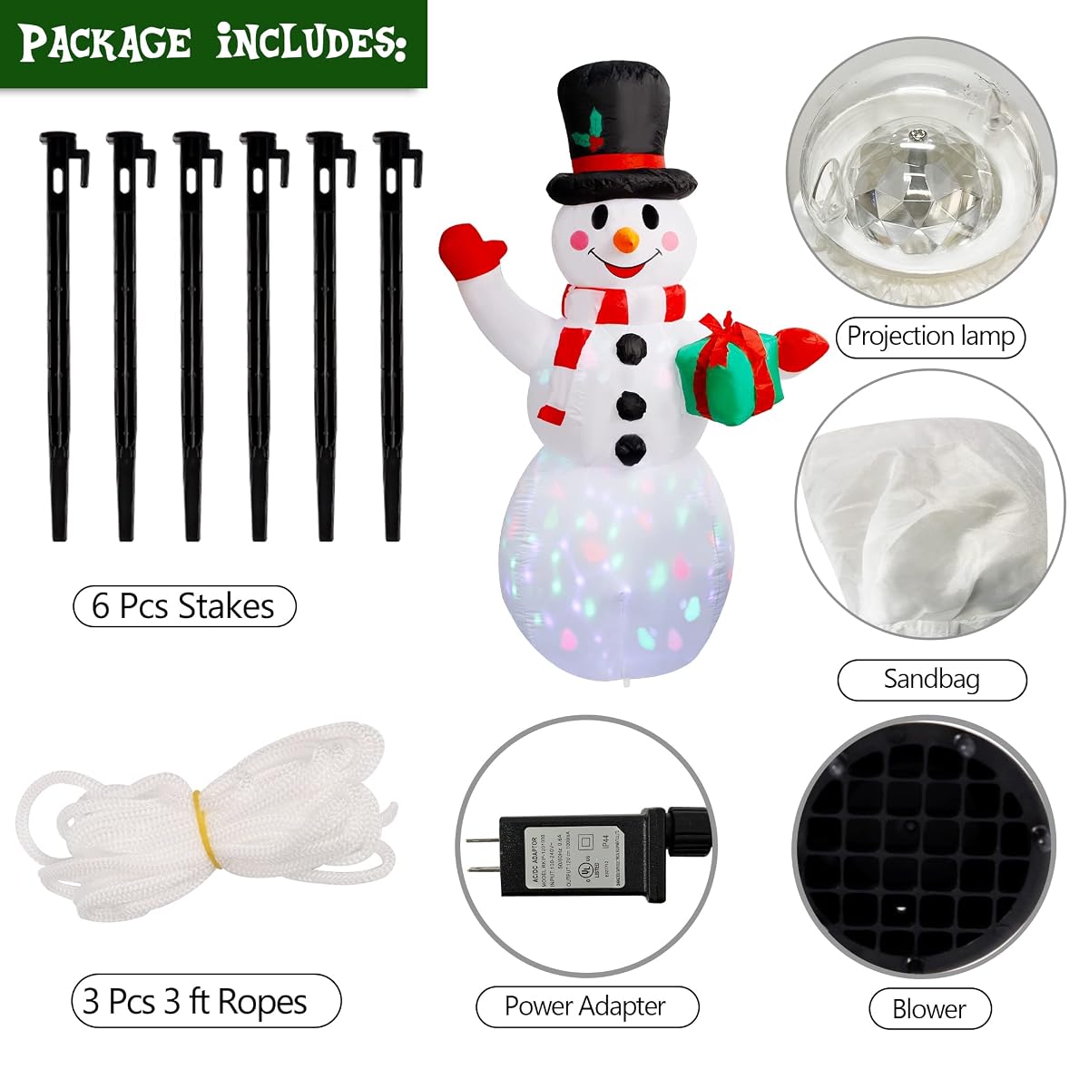 Lulu Home Christmas Yard Decorations, 5 FT Inflatable Lighted Snowman with Rotating Projection Lamp, Xmas Blow Up Inflatable Snowman Outdoor Indoor Decorations - imagen de detalle 2