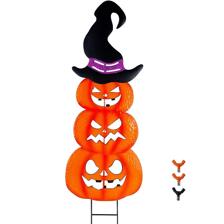 Lulu Home Halloween Yard Stake, 42" Metal Stacked Jack-O-Lanterns with Witch Hat, Halloween Pumpkin Yard Sign Stakes for Outdoor Front Yard Lawn Garden Decorations