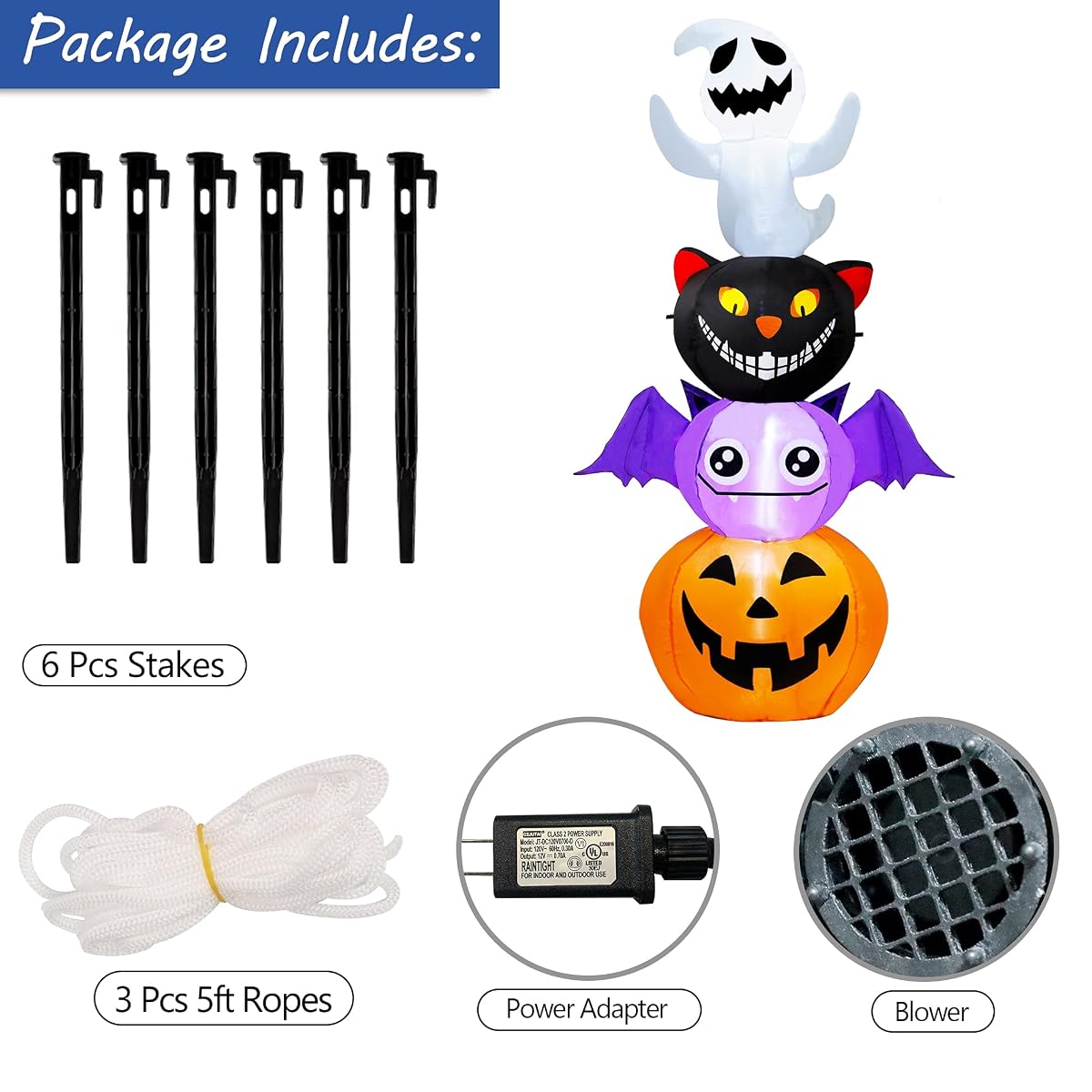 Joliyoou Halloween Blow Up Yard Decoration, 6 FT LED Lighted Inflatable Halloween Stacked Ghost Black Cat Bat Pumpkin, Inflatable Holiday Yard Lawn Garden Decorations for Indoor and Outdoor - imagen de detalle 2