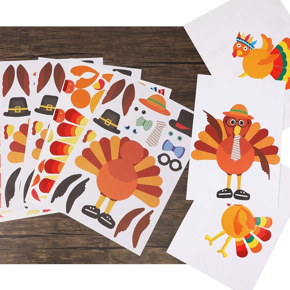 Lulu Home Thanks-Giving Game, 20 Sheets Make-A-Turkey Stickers, Kids DIY Turkey Sticker Craft for Fall Party, Family Gethering and Class Game