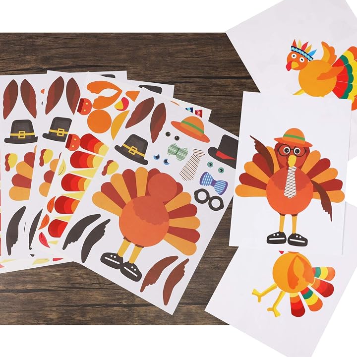 Lulu Home Thanks-Giving Game, 20 Sheets Make-A-Turkey Stickers, Kids DIY Turkey Sticker Craft for Fall Party, Family Gethering and Class Game