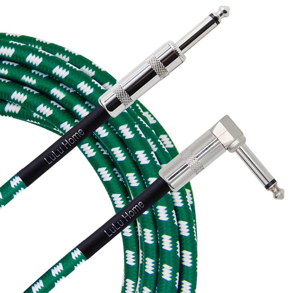 Lulu Home 10 Feet Guitar Cable, Professional Instrument Cable, Straight 1/4" TS to Right Angle 1/4" TS for Electric Guitar, Bass, Pro Audio, Green-White