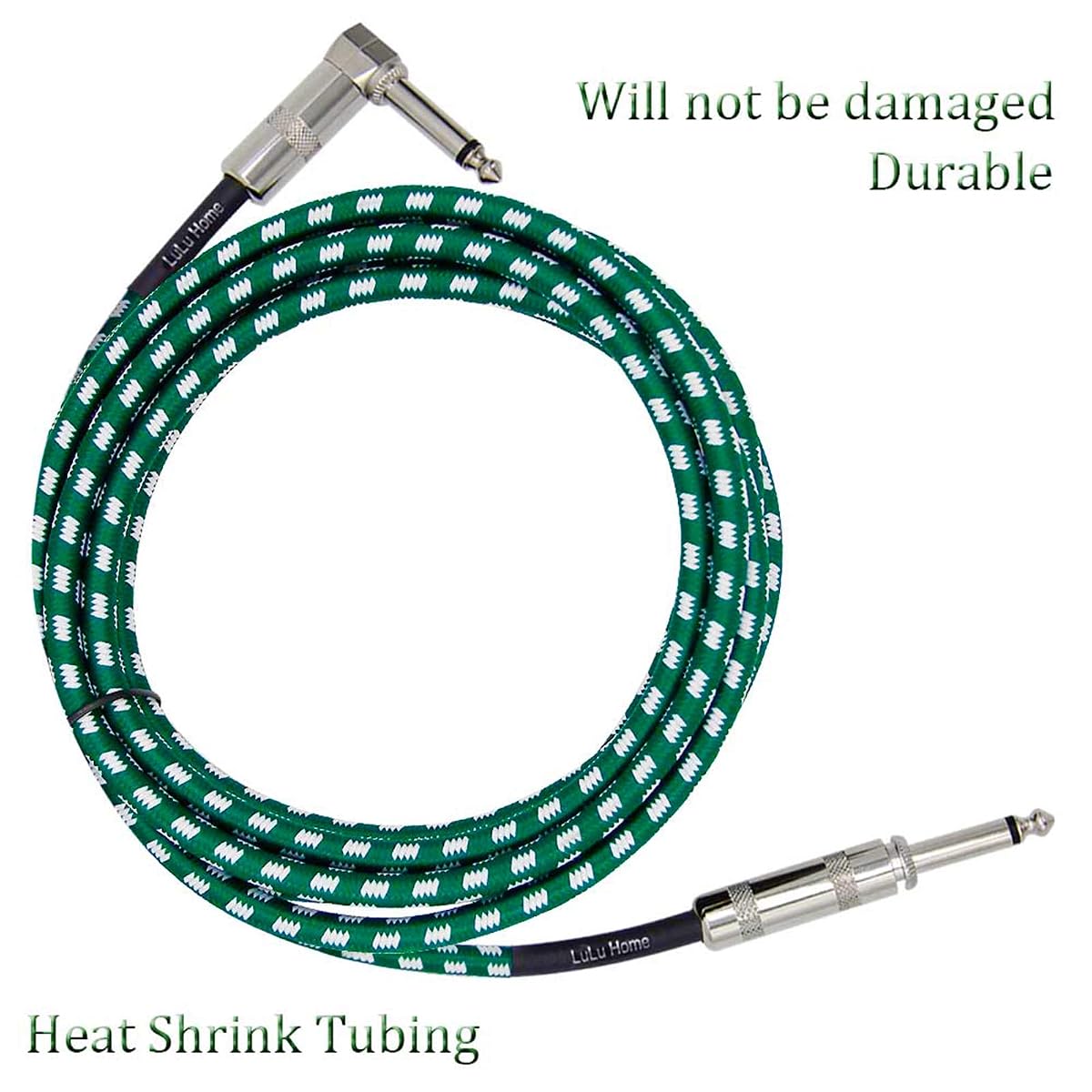 Lulu Home 10 Feet Guitar Cable, Professional Instrument Cable, Straight 1/4" TS to Right Angle 1/4" TS for Electric Guitar, Bass, Pro Audio, Green-White - imagem de detalhe 3