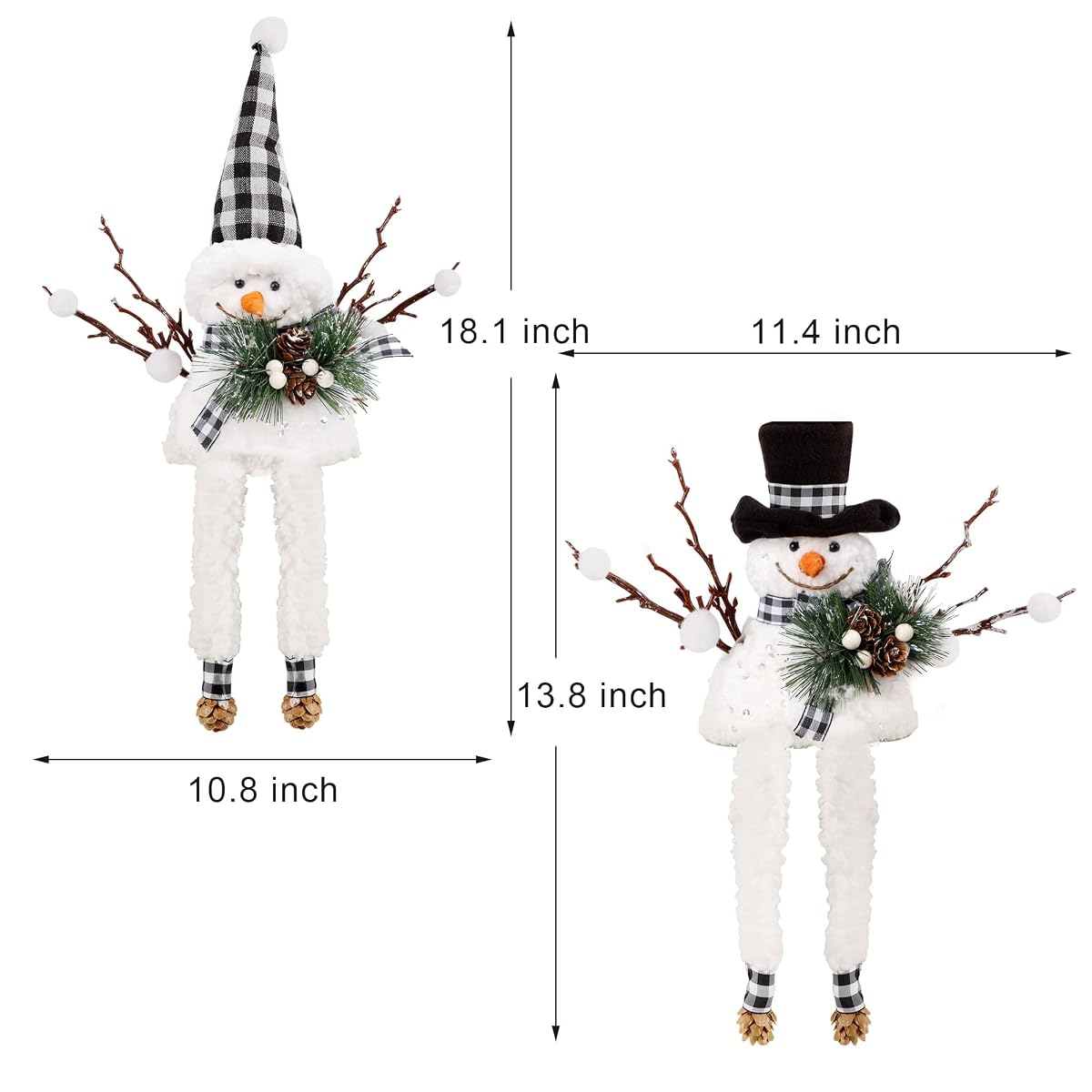 Lulu Home Christmas Snowman Decorations, Set of 2 Plush Shelf Sitters with Dangling Legs, Buffalo Checked Christmas Snowman Ornaments for Table Mantel Desk Fireplace Home Holiday Decor - detail image 1