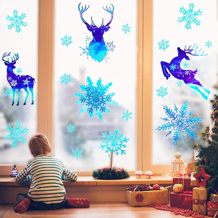 Lulu Home Christmas Decorations, 93 PCS Xmas Reindeer and Snowflake Window Stickers for Christmas, Christmas Window Clings with Shining Glitter Powder