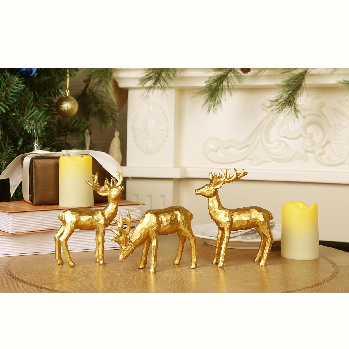 Lulu Home 3 PCS Christmas Tabletop Decorations, Resin Golden Reindeer Family Figurines with Diverse Postures, Xmas Holiday Winter Centerpieces Ornaments for Mantel Shelf Sill Decor(Peer) - imagem de detalhe 6