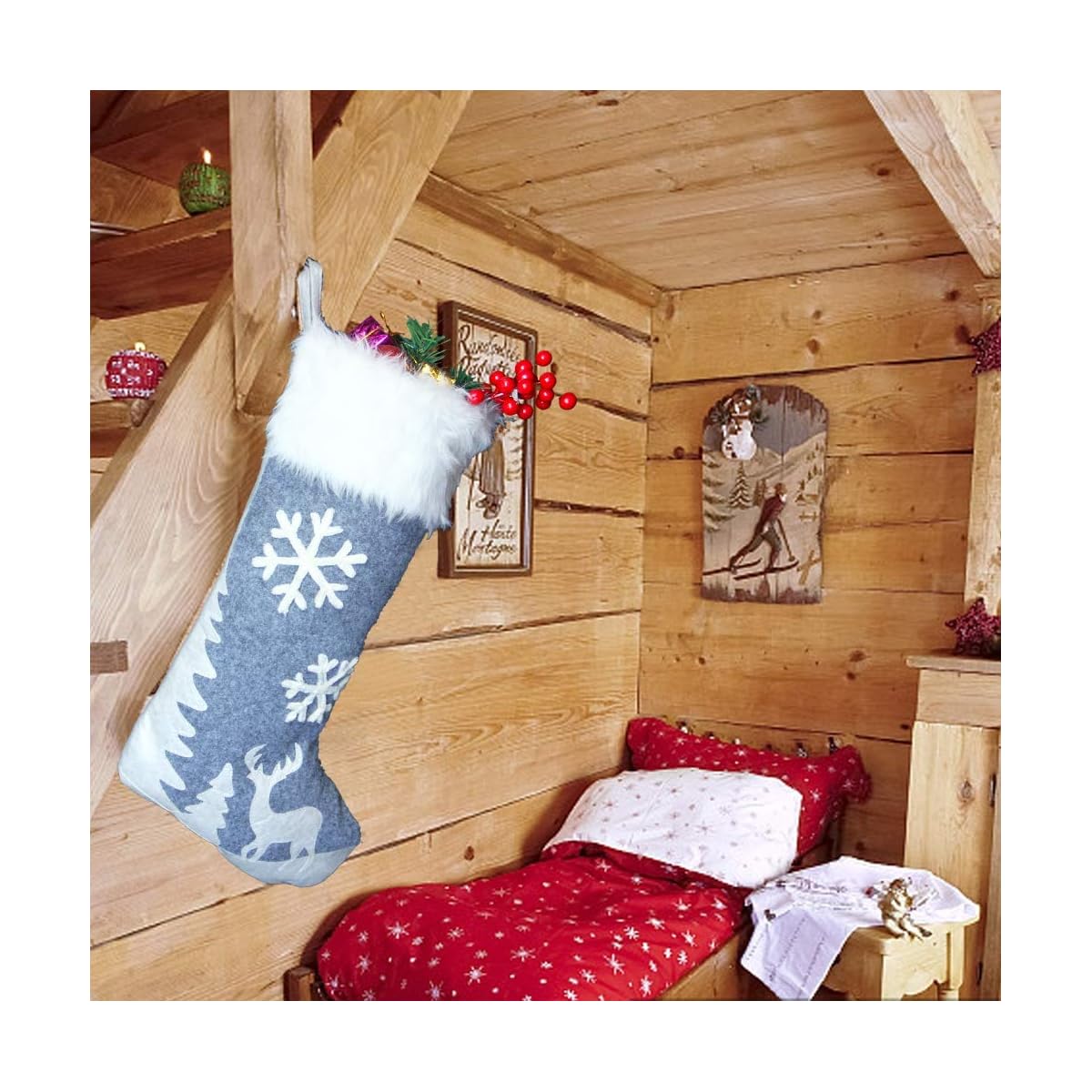 Lulu Home Christmas Stockings, 20 Inches Large Luxury Flannel Reindeer and Snowflake Stockings for Christmas Holiday Party Decorations One Piece - imagen de detalle 3