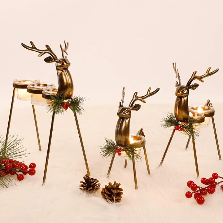 Lulu Home Set of 3 Metal Reindeer Tea Light Candle Holders, Christmas Candle Holders with 3 Sizes - 11.8" H, 10" H, 8.5" H, Christmas Reindeer Table Decoration for Holiday, Wedding, Housewarming