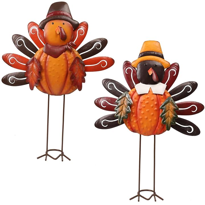 Lulu Home Thanksgiving Turkey Decors, Set of 2 Metal Turkey Standing Fall Decorations, Happy Thanksgiving Autumn Fall Outdoor Decorations