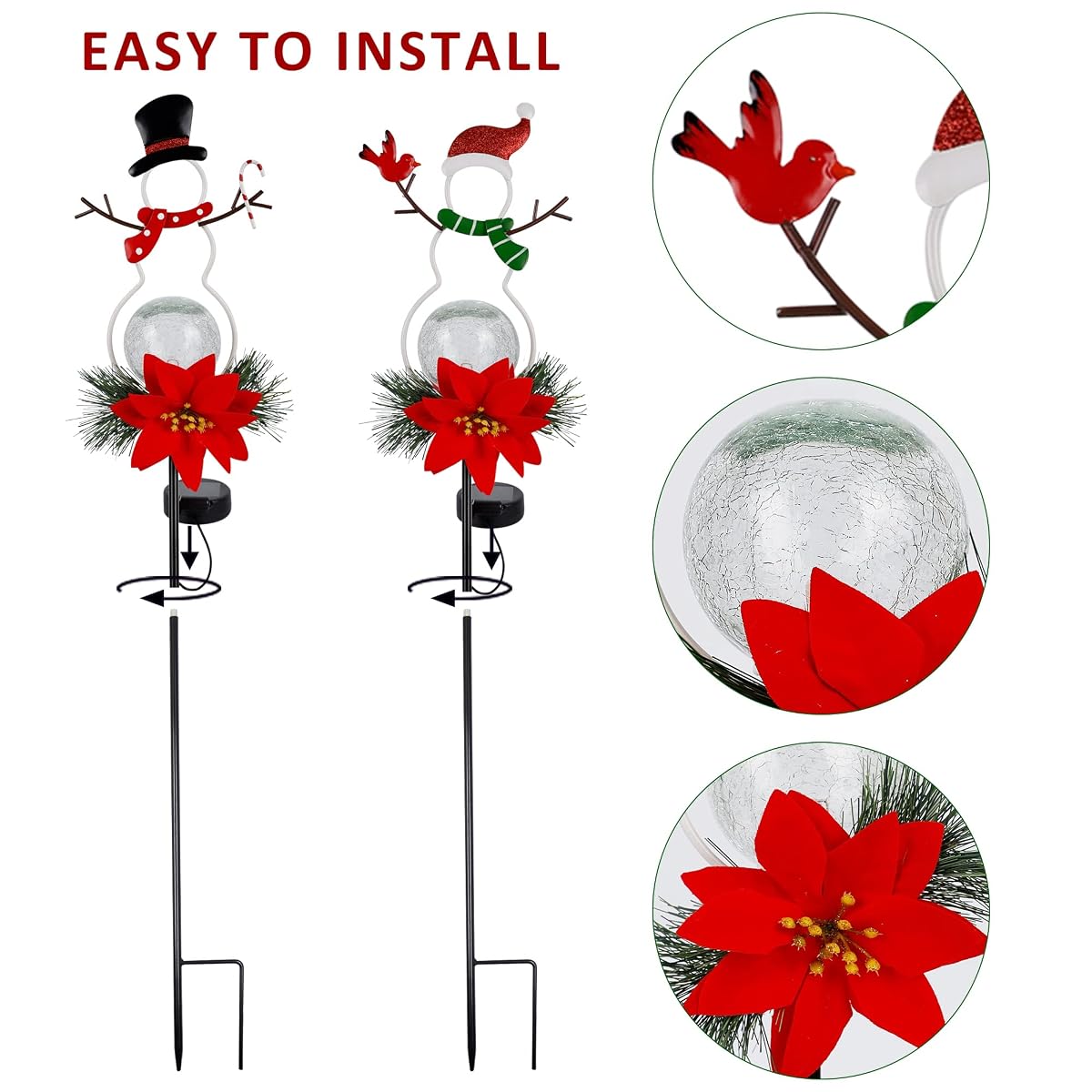 Lulu Home Christmas Yard Stakes, 31" Metal Snowman Garden Stakes with Solar Lighted Led Glass Balls for Xmas Holiday Winter Lawn, Pathway, Sidewalk Outdoor Decorations, Set of 2 - 细节图 3