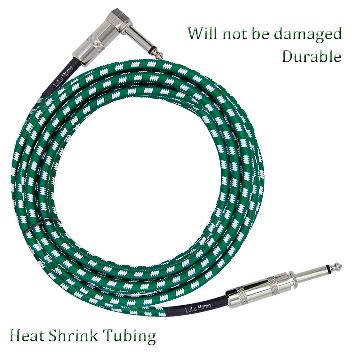 Lulu Home 20 Feet Guitar Cable, Professional Instrument Cable, Straight 1/4" TS to Right Angle 1/4" TS for Electric Guitar, Bass, Pro Audio, Green-White - imagem de detalhe 3