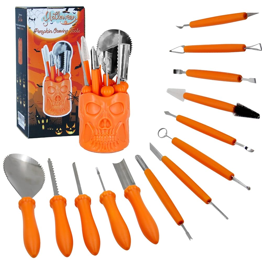 Lulu Home Halloween Pumpkin Carving Kit, 13 Pieces Professional Pumpkin Cutting Supplies for Jack-O-Lanterns with Jar