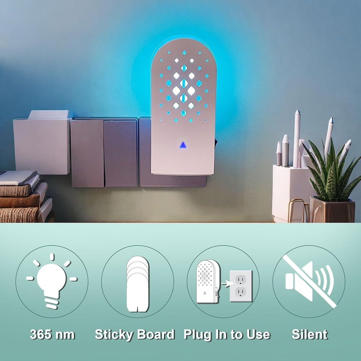 Lulu Home Flying Insect Trap Indoor, 365nm Plug-in Bug Light Catcher with 5 Reversible Sticky Pads for Mosquitos, Moths, Fruit Flies, Gnats - Fly Insect Trap for Home & Office - 细节图 5