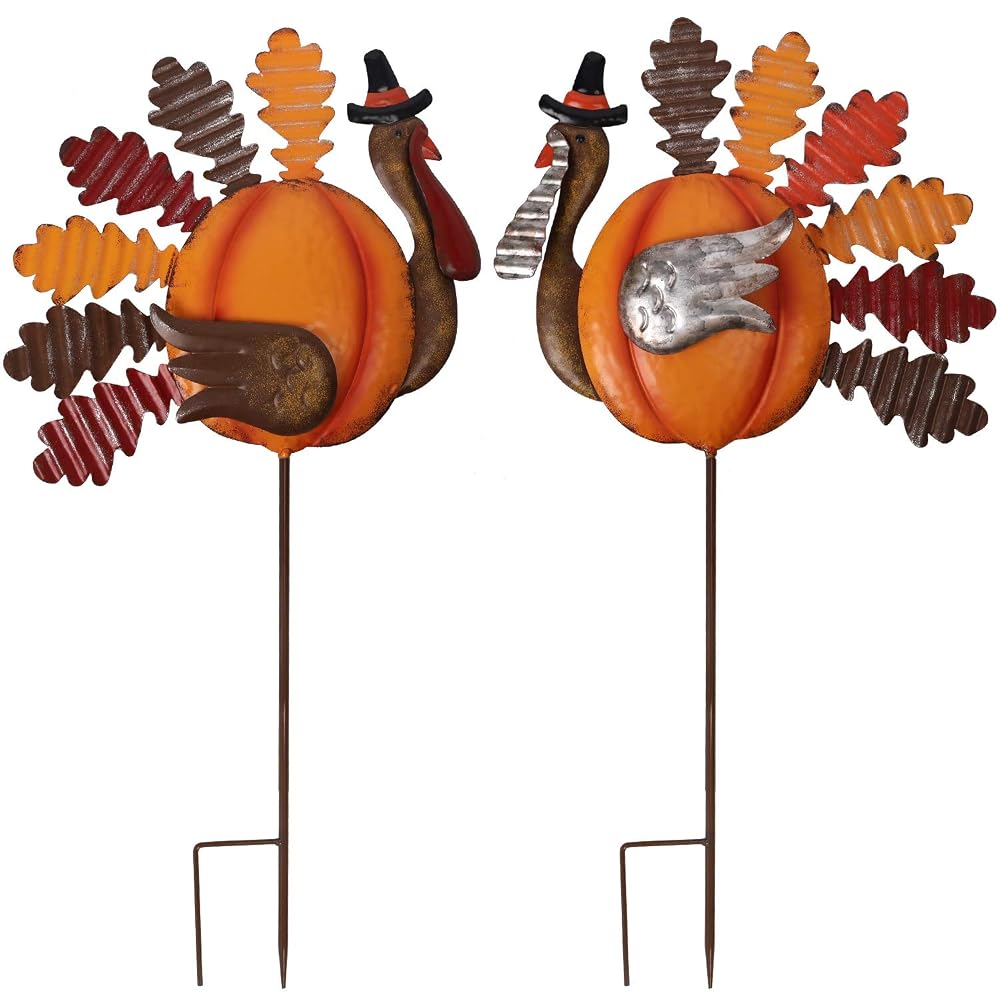 Lulu Home Thanksgiving Turkey Decors, Set of 2 Metal Turkey Stakes Fall Decor, Happy Thanksgiving Autumn Fall Outdoor Decorations