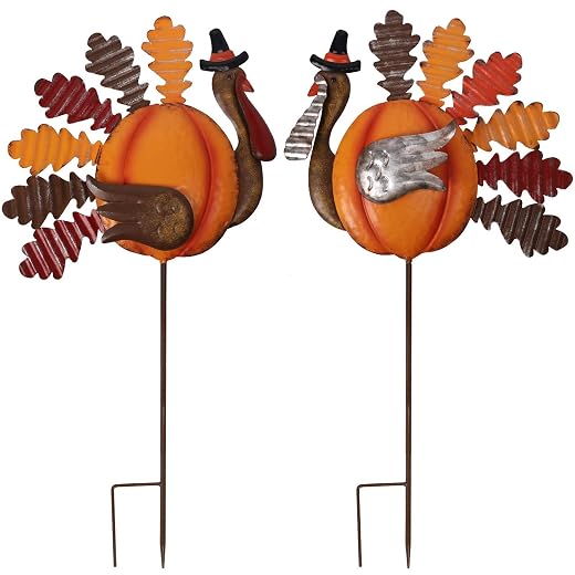 Lulu Home Thanksgiving Turkey Decors, Set of 2 Metal Turkey Stakes Fall Decor, Happy Thanksgiving Autumn Fall Outdoor Decorations