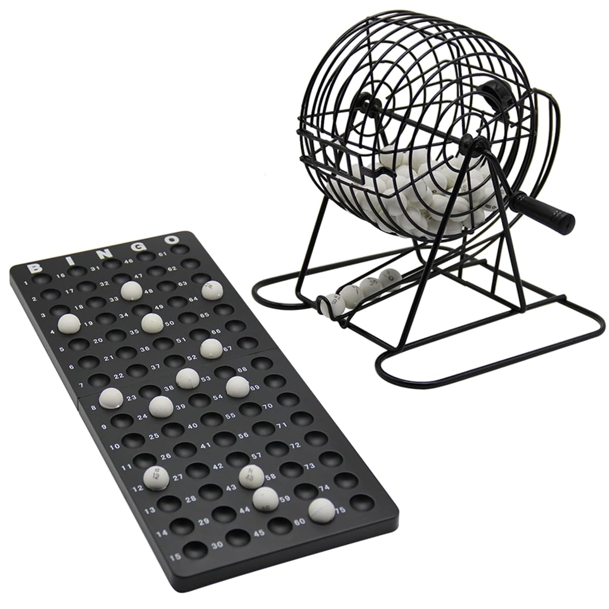 Lulu Home Bingo Game Set , 8 Inch Metal Bingo Cage Include 3/5 Inch White Balls, Bingo Chips, Bingo Board, 18 Bingo Cards, Black - imagen de detalle 1