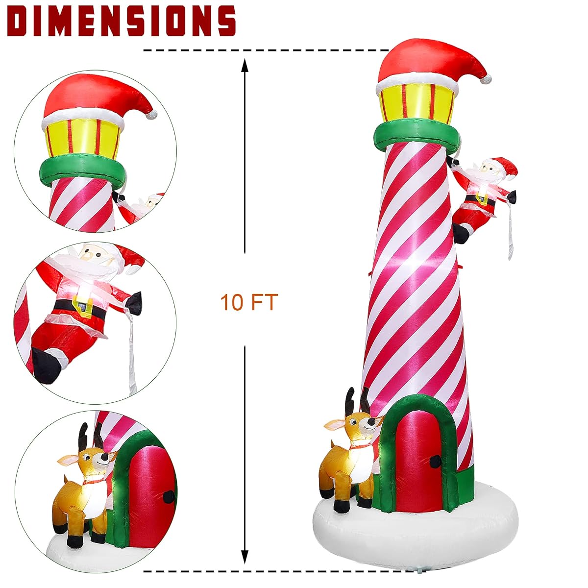 Lulu Home 9.8FT Christmas Inflatable Decorations, Giant Blow Up Lighthouse with Santa and Reindeer, Xmas Lighted Blowups with Drawstring Bags for Winter Yard Lawn Garden Outdoor Decor - imagen de detalle 1