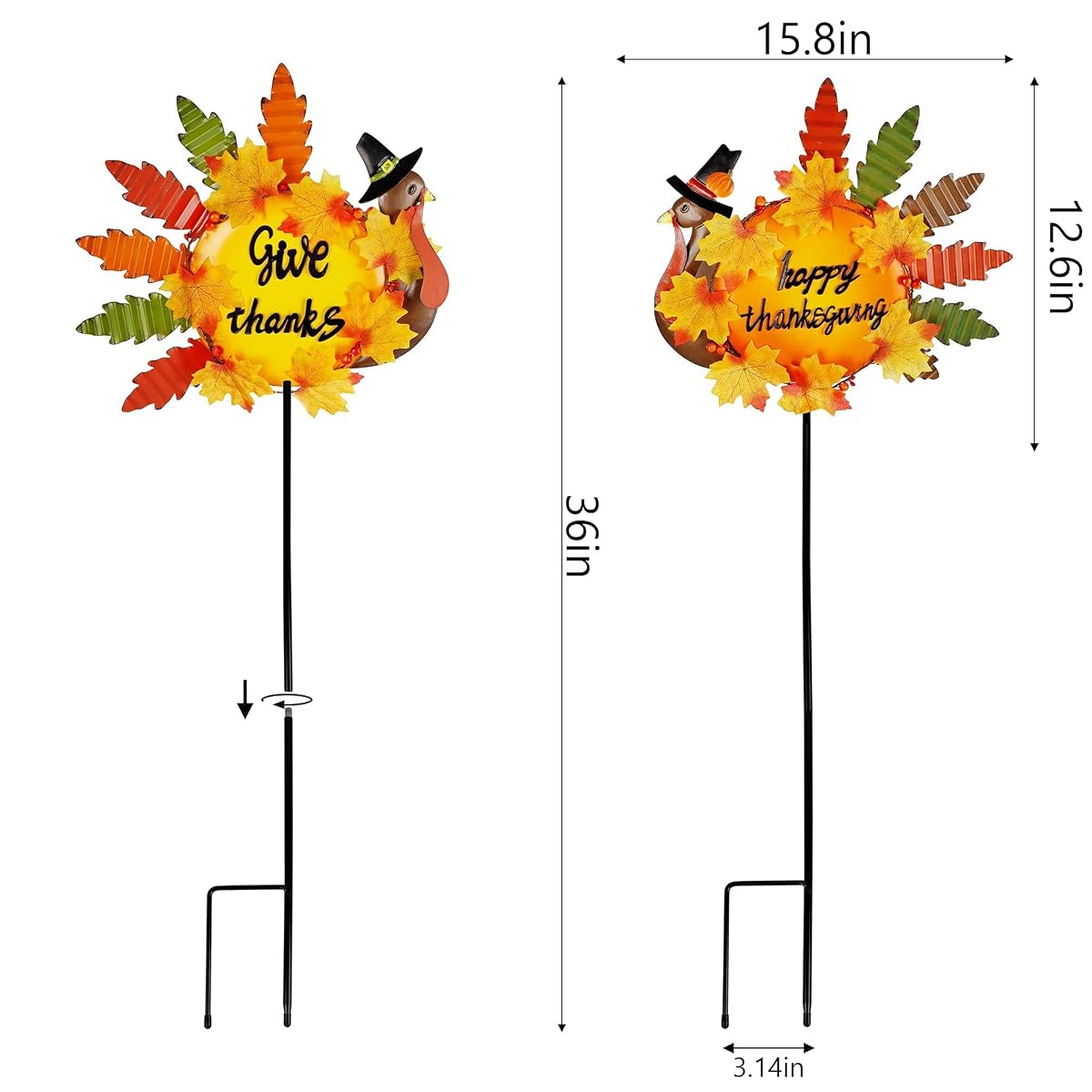 Lulu Home Thanksgiving Turkey Decors, 36" Give Thanks Metal Turkey Stakes Adorned with Maple Leaves Pumpkins, Happy Thanksgiving Autumn Fall Lawn Yard Outdoor Decorations, 2 Pack - 细节图 1