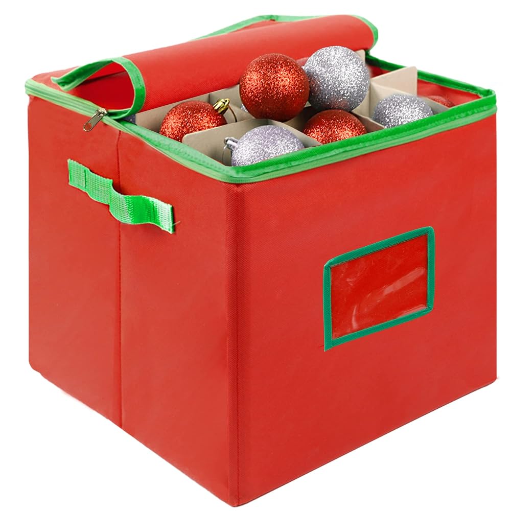 Lulu Home Christmas Ornament Storage Container, 600D Oxford Fabric Christmas Balls Storage Boxes, 4 Layers Ornament Storage Boxes Stores Up to 64 Ornaments with Zippered Closure and Two Handles, Red