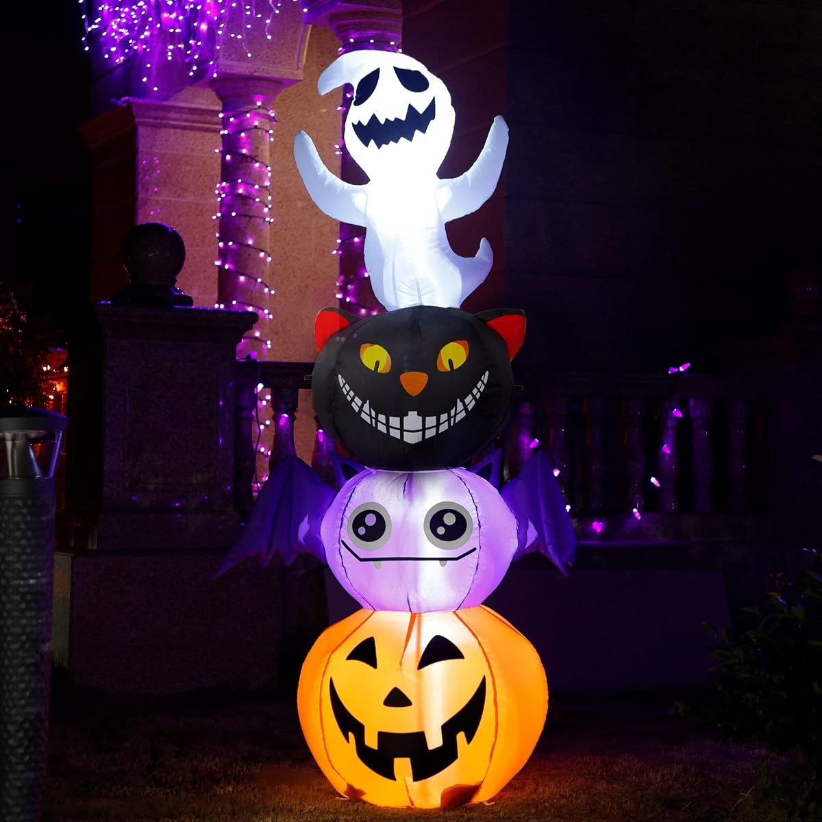 Joliyoou Halloween Blow Up Yard Decoration, 6 FT LED Lighted Inflatable Halloween Stacked Ghost Black Cat Bat Pumpkin, Inflatable Holiday Yard Lawn Garden Decorations for Indoor and Outdoor - imagen de detalle 4