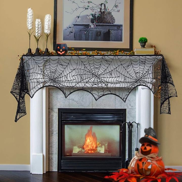 Lulu Home Halloween Fireplace Decorations, Fireplace Mantle Scarf Cover, Black Lace Spider Web for Door, Window and Flowerbeds Decoration, Halloween Party Supplies