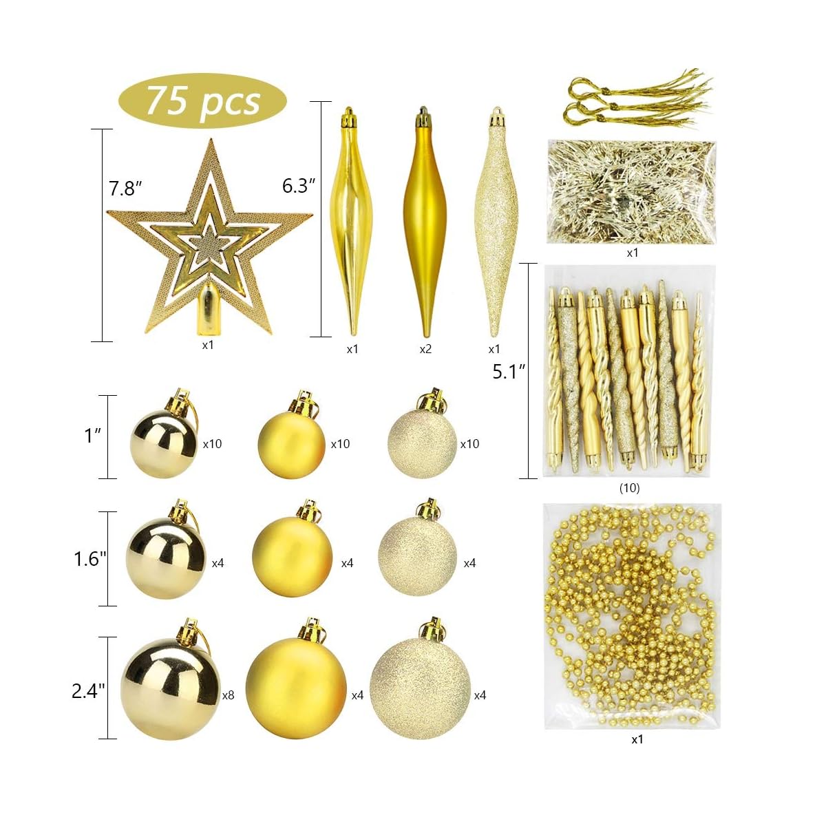 Lulu Home Assorted Christmas Tree Ornaments Set, 75 Pieces Golden Shatterproof Balls Xmas Seasonal Decorations for Easter Decoration, Pre-Strung - imagen de detalle 2