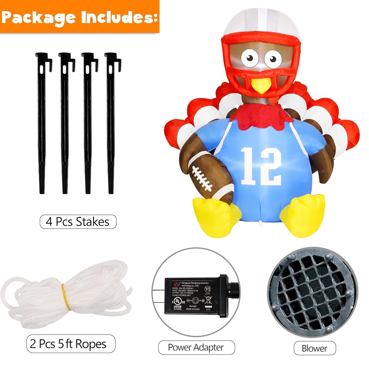 Lulu Home Thanksgiving Inflatable Decoration Outdoor, 5 FT Air Blown American Football Turkey with Built in Lights, Blown Up Helmet Rugby Turkey for Fall Outdoor Holiday Yard Lawn Garden Decoration - imagem de detalhe 2