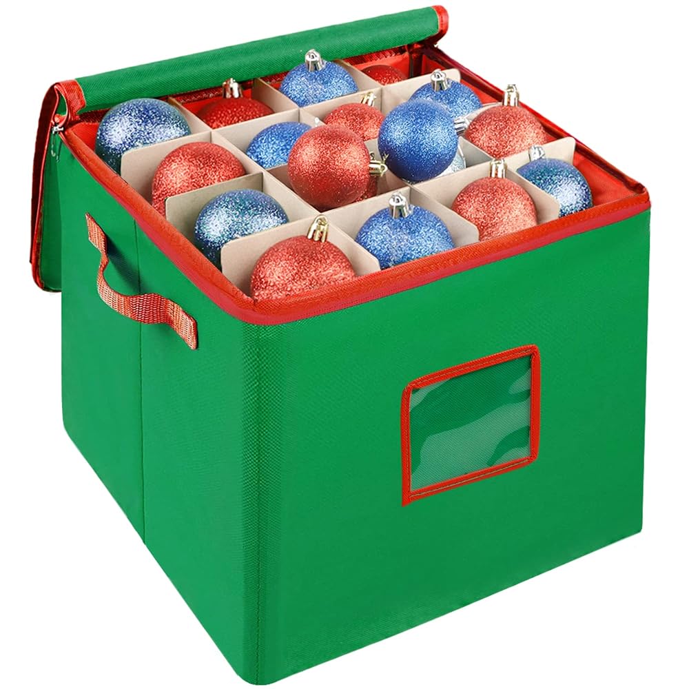 Lulu Home Christmas Ornament Storage Container, 600D Oxford Fabric Christmas Balls Storage Boxes, 4 Layers Ornament Storage Boxes Stores Up to 64 Ornaments with Zippered Closure and Two Handles, Green