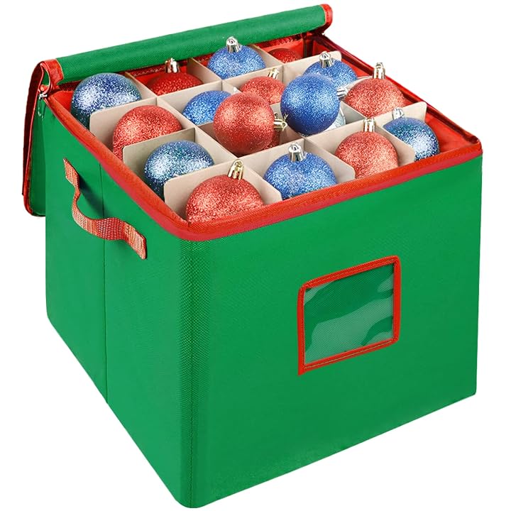 Lulu Home Christmas Ornament Storage Container, 600D Oxford Fabric Christmas Balls Storage Boxes, 4 Layers Ornament Storage Boxes Stores Up to 64 Ornaments with Zippered Closure and Two Handles, Green