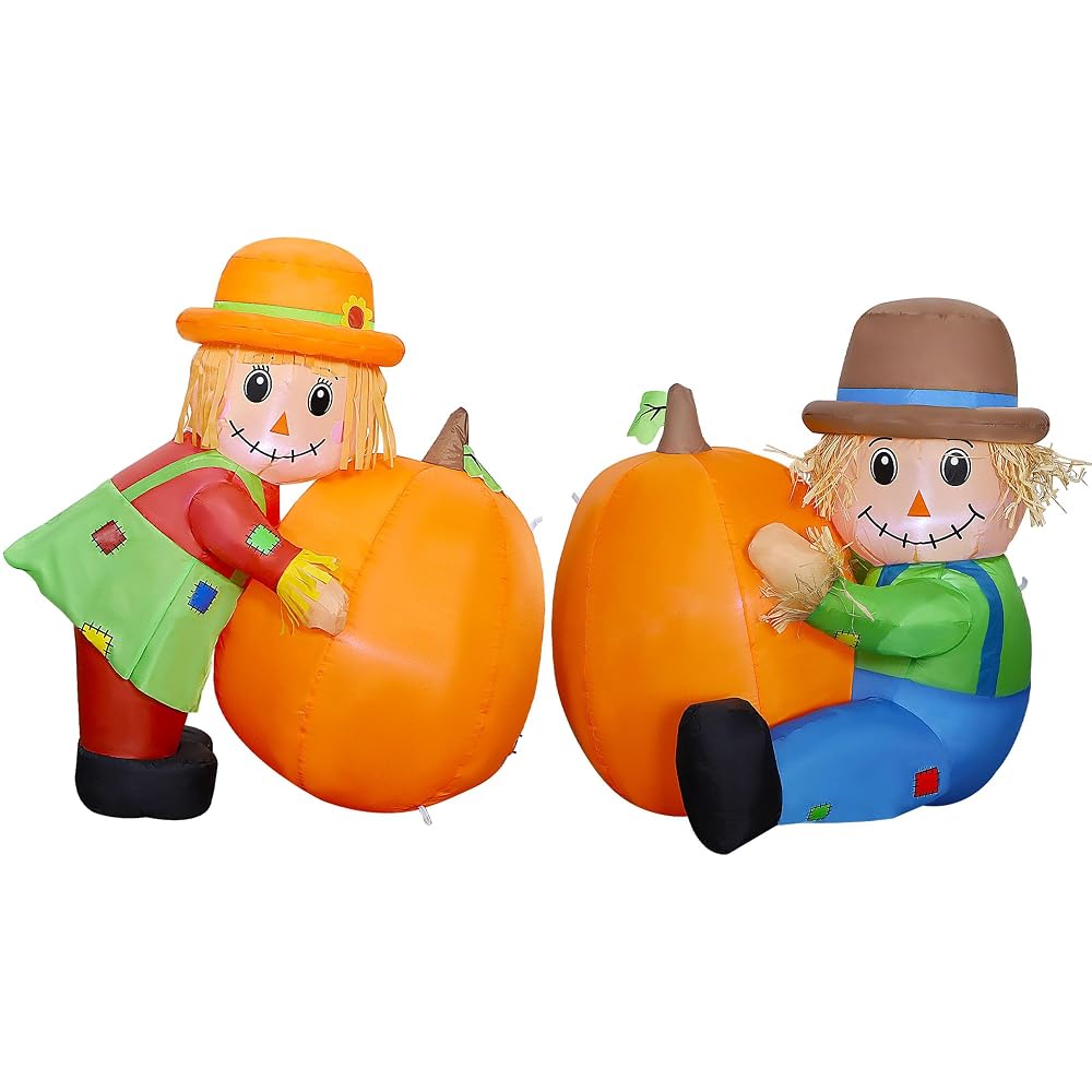 Lulu Home Thanksgiving Inflatable Decoration, Set of 2 Air Blown Scarecrow Couples with Built-in LED Lights for Fall Autumn Harvest Decor (Sitting & Standing Scarecrows)