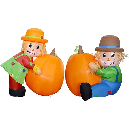 Lulu Home Thanksgiving Inflatable Decoration, Set of 2 Air Blown Scarecrow Couples with Built-in LED Lights for Fall Autumn Harvest Decor (Sitting & Standing Scarecrows)