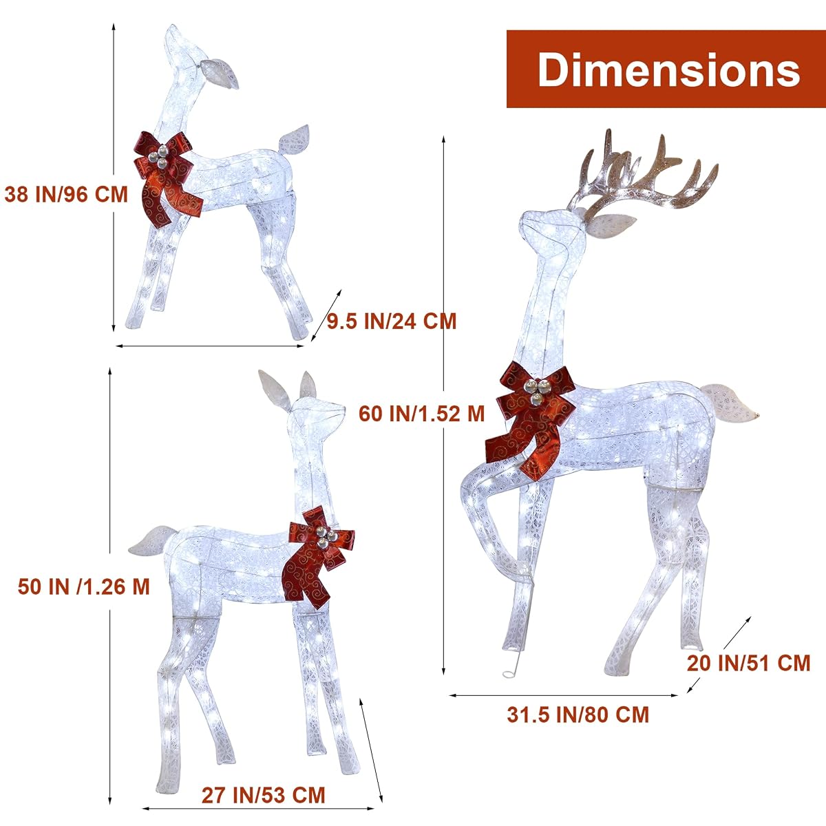 Lulu Home Christmas Yard Decoration, 3-Piece Large Pre-lit White Reindeer with 265 LEDs White Lights, 60" H 3D Light Up Glittered Standing Reindeer Family for Lighted Holiday Display Indoor Outdoor - imagen de detalle 1