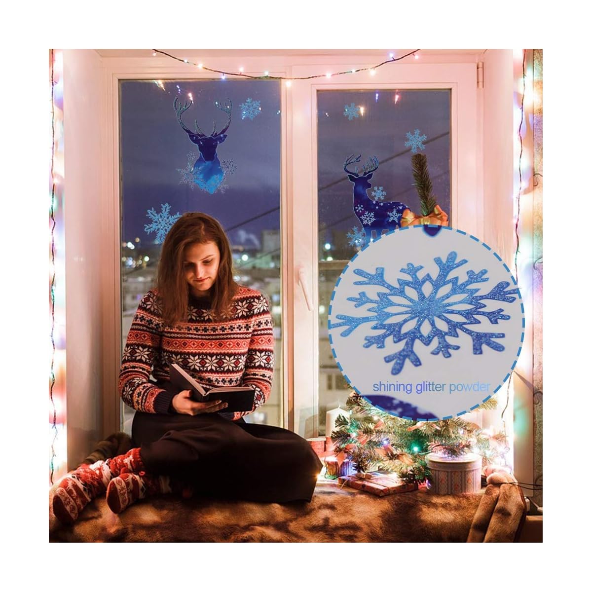 Lulu Home Christmas Decorations, 93 PCS Xmas Reindeer and Snowflake Window Stickers for Christmas, Christmas Window Clings with Shining Glitter Powder - imagen de detalle 3