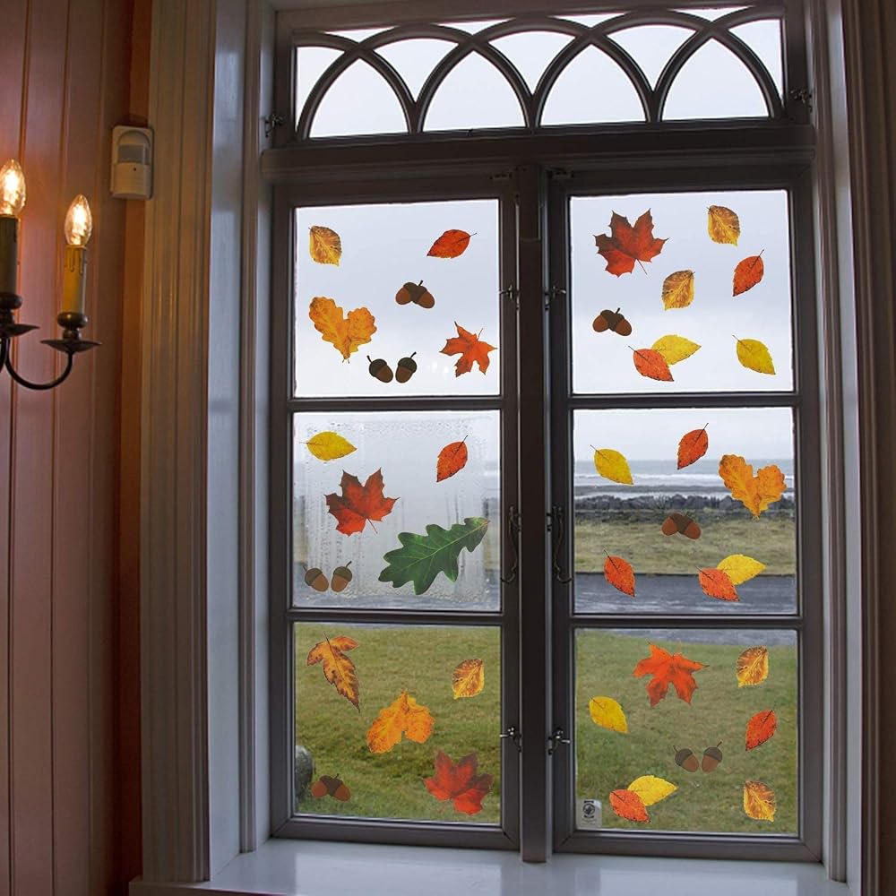 Lulu Home 180 Pieces Fall Maple Leave Window Stickers, Thanksgiving Day Window Clings Decorations Autumn Decals Shaped in Oak Leaves, Acorns Party Decor Ornaments
