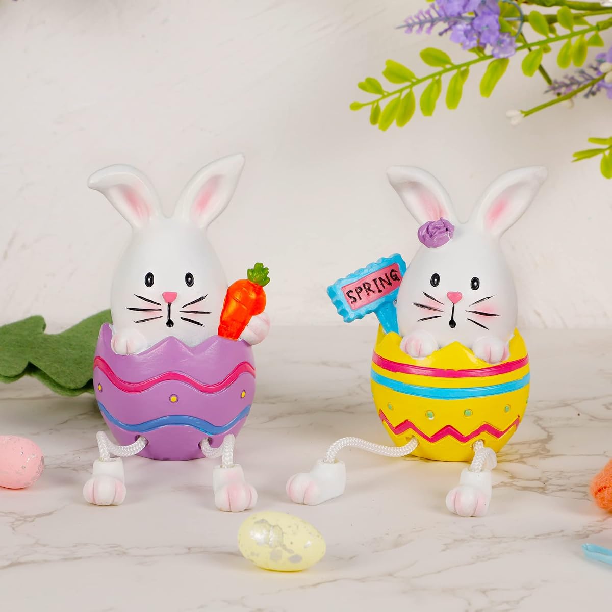 Lulu Home Easter Bunny Figurines, 2 Pack Resin Easter Egg Bunny Shelf Sitters with Dangling Legs, Modern Statue Easter Sculpture for Tabletop Centerpieces Window Sill Decorations - imagen de detalle 5
