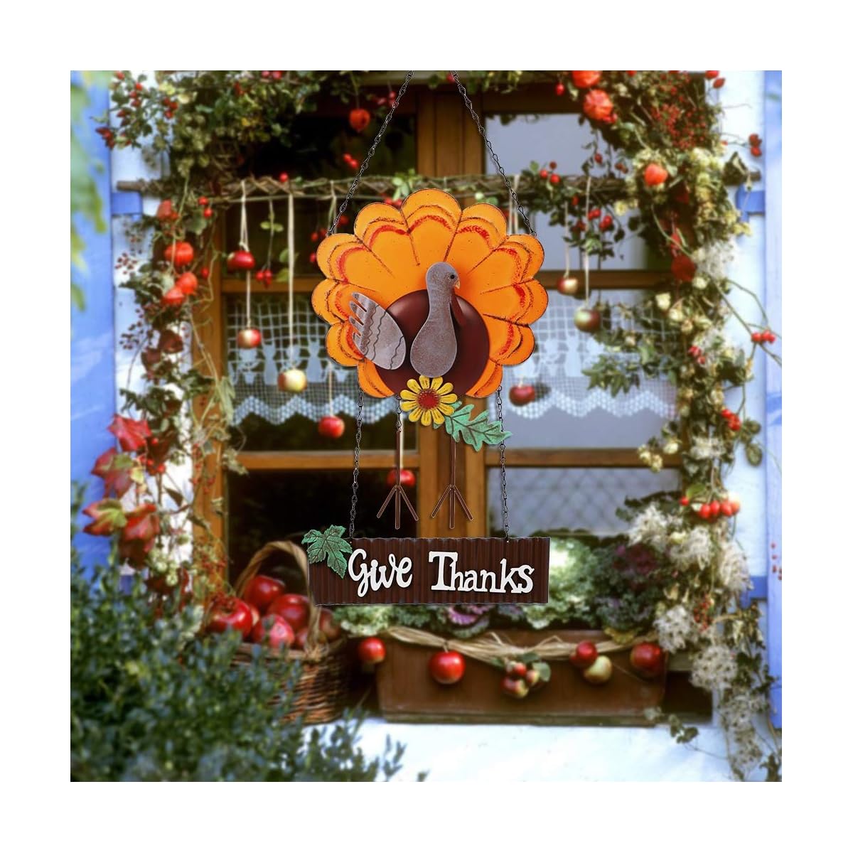 Lulu Home Thanksgiving Decoration, Metal Turkey Hanging Decor with Give Thanks Sign, Fall Front Door Welcome sign, Indoor Outdoor Durable Turkey Decorative - imagen de detalle 1