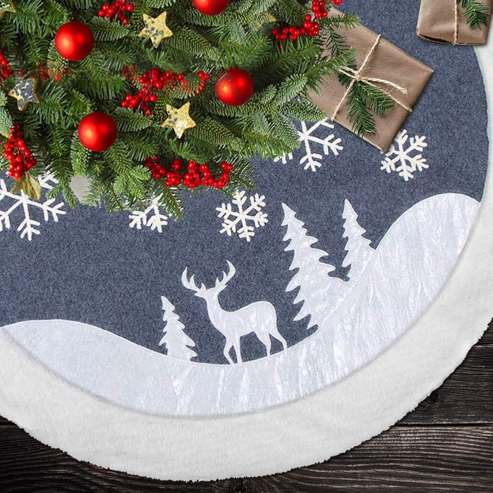 Lulu Home 48" Christmas Tree Skirt, Luxury Double Layers Holiday Ornaments, Reindeer and Snowflake Xmas Tree Skirt with Flannel Rim