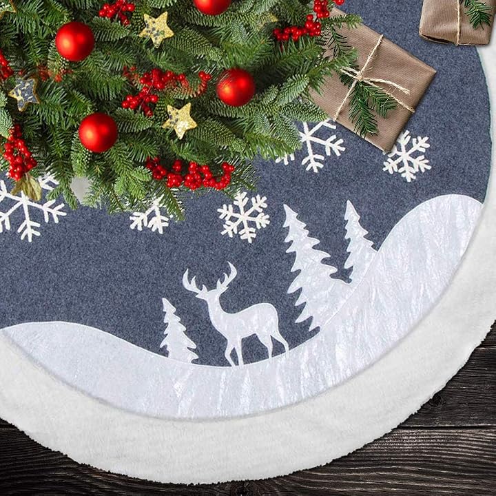 Lulu Home 48" Christmas Tree Skirt, Luxury Double Layers Holiday Ornaments, Reindeer and Snowflake Xmas Tree Skirt with Flannel Rim