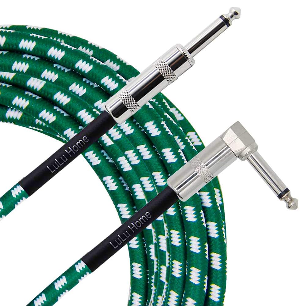 Lulu Home 20 Feet Guitar Cable, Professional Instrument Cable, Straight 1/4" TS to Right Angle 1/4" TS for Electric Guitar, Bass, Pro Audio, Green-White