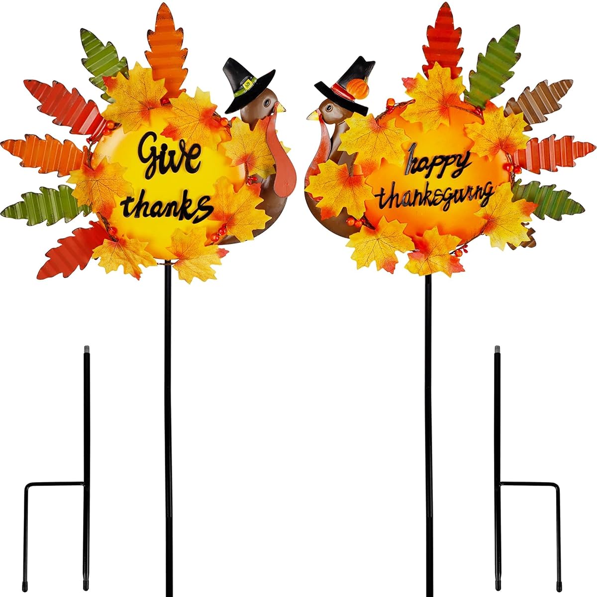 Lulu Home Thanksgiving Turkey Decors, 36" Give Thanks Metal Turkey Stakes Adorned with Maple Leaves Pumpkins, Happy Thanksgiving Autumn Fall Lawn Yard Outdoor Decorations, 2 Pack - 细节图 6