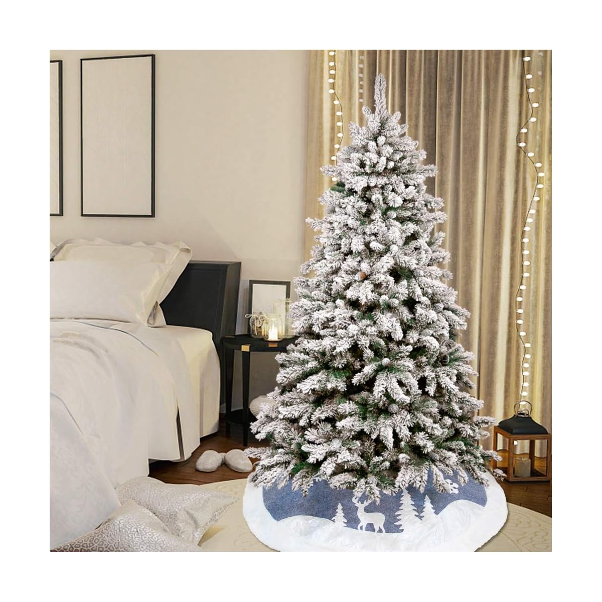 Lulu Home 48" Christmas Tree Skirt, Luxury Double Layers Holiday Ornaments, Reindeer and Snowflake Xmas Tree Skirt with Flannel Rim - detail image 3