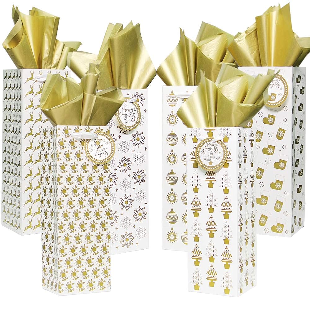 Lulu Home 12 Pcs Golden Bottle Gift Bags with Tissue Paper, Heavy Duty Xmas Bottle Cover with Tags for Holiday Decoration, Party Favors