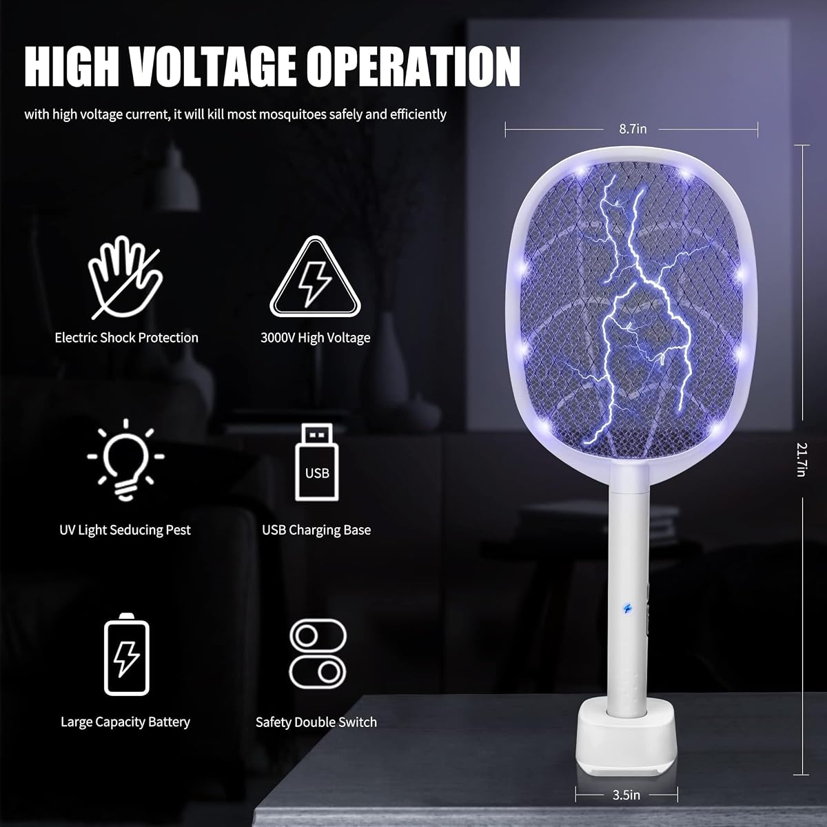 Lulu Home 2-in-1 Electric Bug Zapper Racket, 4000V High Voltage LED Lighted Handheld Mosquito Swatter with 3 Layer Safety Mesh, USB Charging Portable Fly Killer Racquet for Indoor Outdoor Use - detail image 2