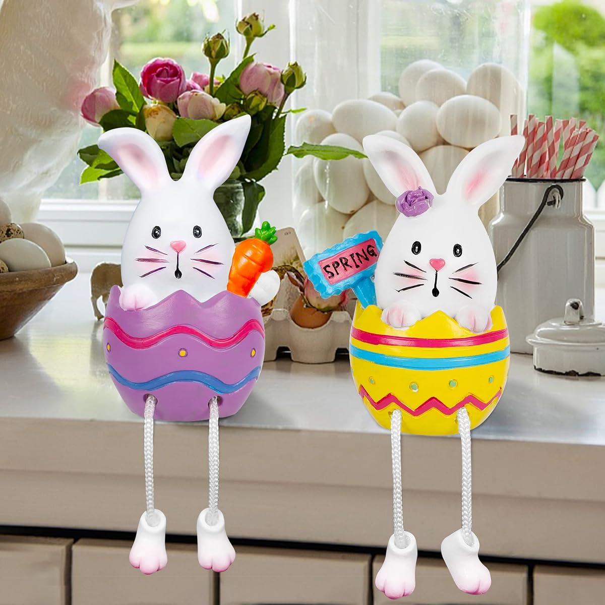 Lulu Home Easter Bunny Figurines, 2 Pack Resin Easter Egg Bunny Shelf Sitters with Dangling Legs, Modern Statue Easter Sculpture for Tabletop Centerpieces Window Sill Decorations - imagen de detalle 3