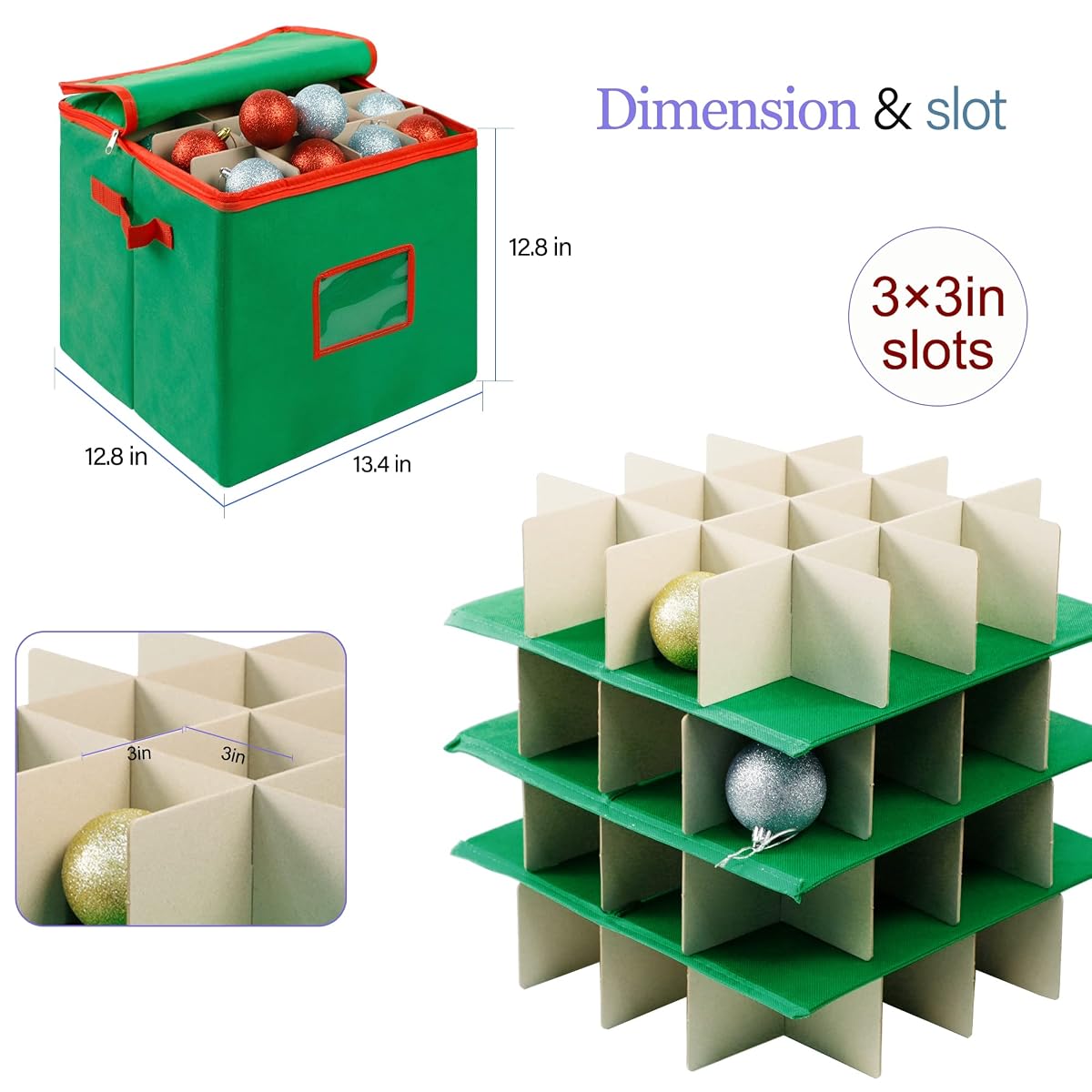 Lulu Home Christmas Ornament Storage Container, 600D Oxford Fabric Christmas Balls Storage Boxes, 4 Layers Ornament Storage Boxes Stores Up to 64 Ornaments with Zippered Closure and Two Handles, Green - detail image 1