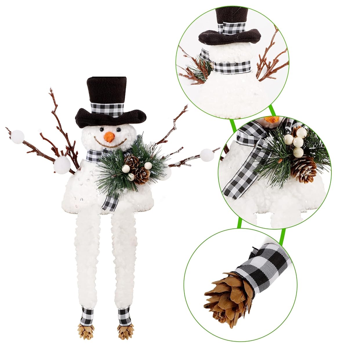 Lulu Home Christmas Snowman Decorations, Set of 2 Plush Shelf Sitters with Dangling Legs, Buffalo Checked Christmas Snowman Ornaments for Table Mantel Desk Fireplace Home Holiday Decor - detail image 2